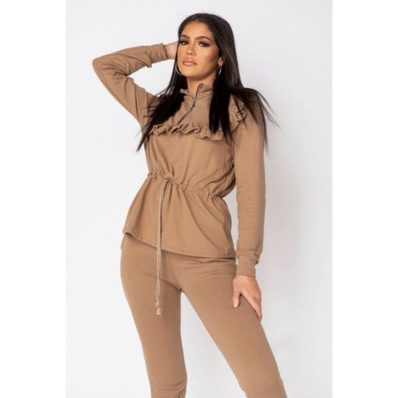 Brown Long Sleeve High Neck Top and High Waist Joggers Pants Two Piece Set - Picture 2 of 10
